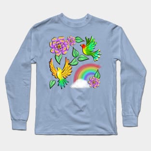 Birds Flowers and Rainbows Doodle Pattern Long Sleeve T-Shirt